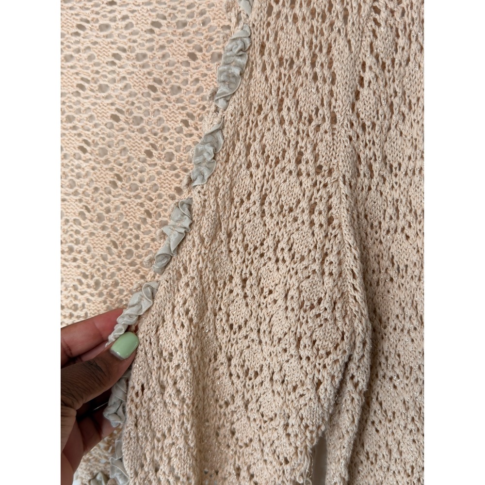 Express Cropped Crochet Cardigan Y2K Tan Metallic Coquette Knit Ruffle Large - Picture 5 of 12